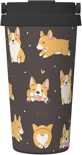 JUNIKIQIN Taza de café Kawaii Corgi Brown, reutilizable, de 16 onzas, con tapa abatible y asa, botellas de agua aisladas de acero inoxidable para