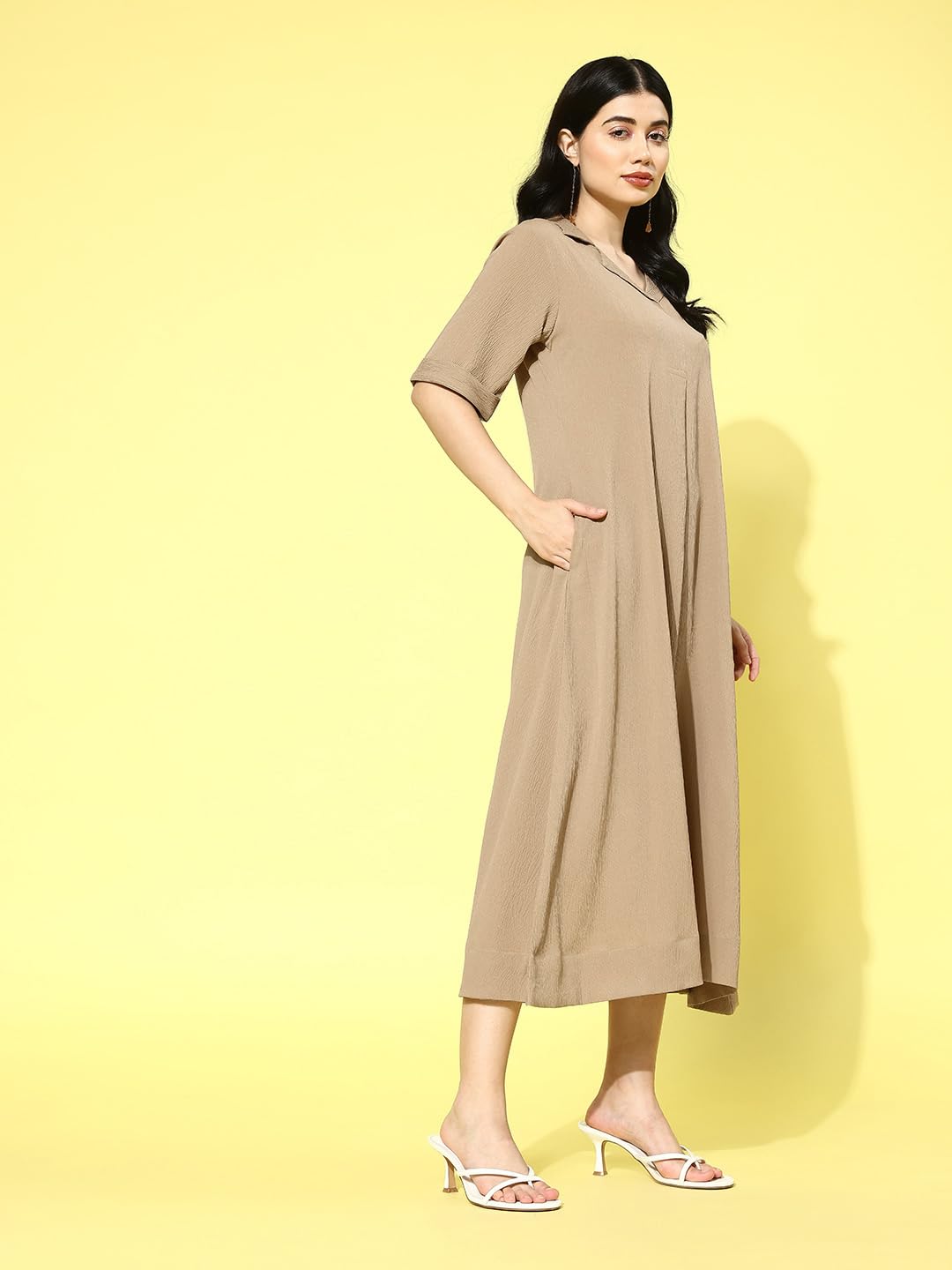 Varanga Women Beige Shirt Collar A-Line Dress  Comfortable Short Sleeves Calf Length Dress For Stylish Everyday Wear, Office & Casual Outings (Medium)