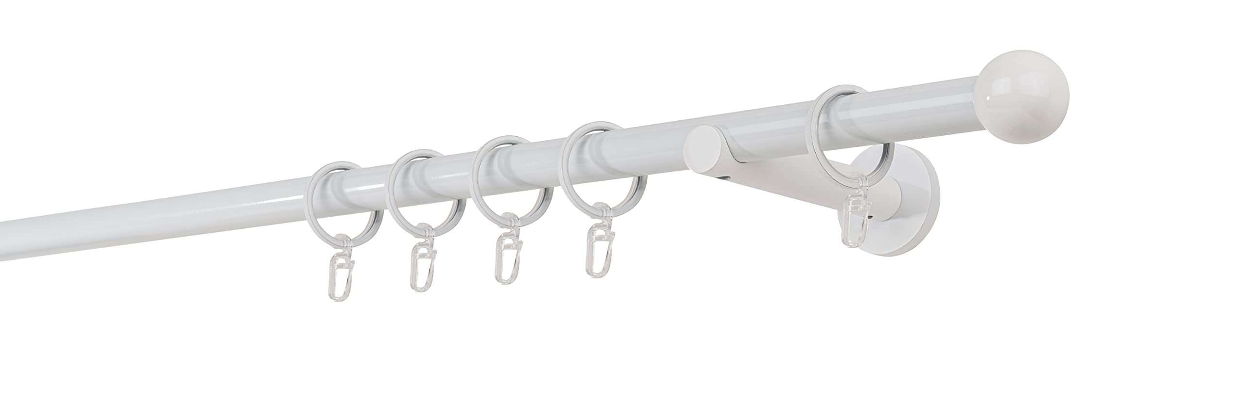 Gardinenstange auf Maß 20mm Ball 1-lauf Vorhangstange Wandträger 12cm Stilgarnitur mit Ringen für Vorhänge Weiß 130cm