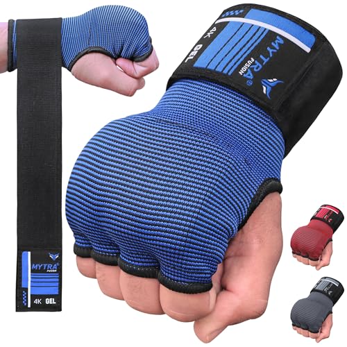 Mytra Fusion Boxeo Vendas Guantes Acolchado de Gel Protector Nudillos Boxeo con muñequeras de 80 cm de Largo Hombres y Mujeres Elástico Protector de Nudillos Boxeo (Blue/Black, S/M)
