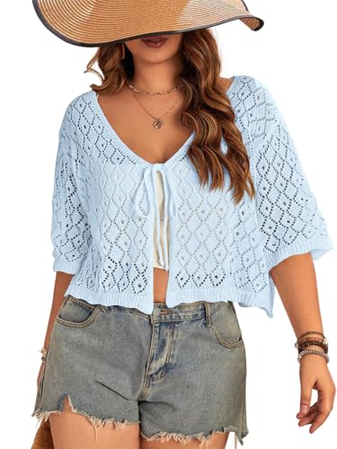 Women's Plus Size Crochet Cardigan Crop Short Sleeves Tie Front Lightweight Knitwear - Main Image