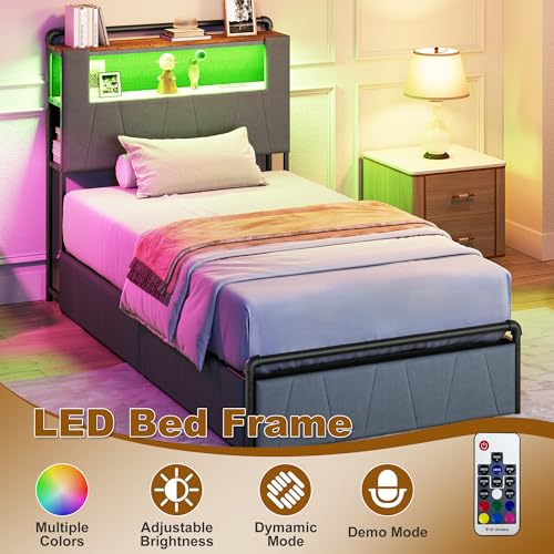 Image of Twin Bed Frame with 2 Storage Drawers, Upholstered Headboard with Charging Station & LED Lights, Metal Platform Bed Frame Twin Size, Noise Free, No Box Spring Needed, Easy Assembly, Grey