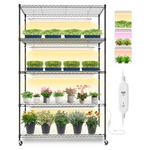 Bstrip Plant Shelf with Grow Lights, 5 Tier Large Tall Plant Stand with 3FT T5 144w Grow Light for Indoor Plants, 3 Mode Full Spectrum LED Plant Light with wheel and Timer for Seedling, 47.2x17.8x71IN Cover