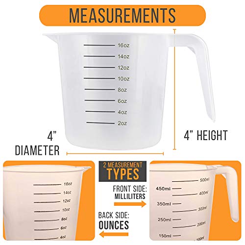 U.s. Kitchen Supply - 16 Oz (500 Ml) Plastic Graduated Measuring Cups With Pitcher Handles (Pack Of 6) - 2 Cup Capacity, Ounce And Ml Cup Markings - Measure & Mix Recipe Ingredients, Flour, Water, Oil #TOP2