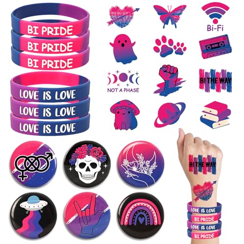 Sinasasspel 24 pcs Pride Month Decorations 6 Bisexual Badge Pins Buttons 6 Silicone Bracelets Wristband 12 pcs Temporary Tattoo Stickers Bisexual Accessories LGBTQ+ Bi Pride Party Favors Gift Set