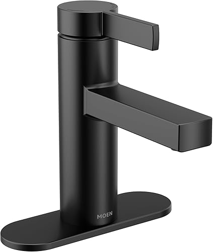 Miniatura 8 de Moen Beric 84774BL - Grifo de baño de un solo orificio negro mate con montaje de drenaje y placa opcional para tu fregadero de baño, 84774BL