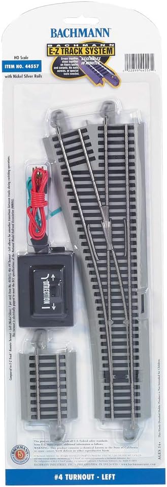 Bachmann Trains - Snap-Fit E-Z TRACK #4 TURNOUT - LEFT (1/card) - NICKEL SILVER Rail With Gray Roadbed - HO Scale