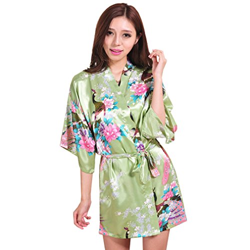BOYANN Ropa de Dormir Erótica de Pavo Real y Flor para Mujer Sexy Batas y Kimonos de Satén Albornoces Cortos, Verde XL