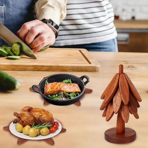 Wood Tree Coaster Set with Stand | Leaf Anti‑Slip Pattern Trivets for Hot Dishes Pots Teapots Bowl | Heat Resistant Kitchen Trivet Set | Natural Wood Home Decor (Texture- 4 Pcs) - image 5