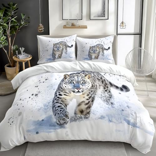 White Bedding Sets Animal Snow Leopard Print Duvet Cover Set, Comforter Cover Full Size Soft Breathable Reversible 3-Piece Bedding for Kids Teens