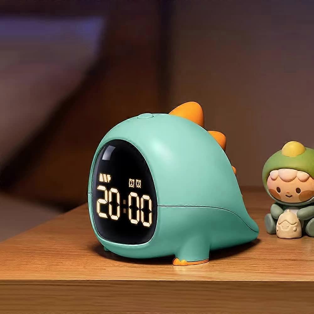 JOYHAPPST Dinosaur Kids Alarm Clock with Timer, Rechargeable Digital Alarm Clock for Kids, Kids Clock with Dual Alarm, Temperature, Snooze Function - Green