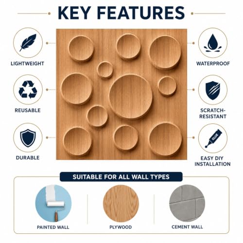 Image of Kayra Decor 3D PVC Wall Panels for Bedroom & Living Room | Moon Design | Metallic Wood Color | 19.7 x 19.7 Inch | Pack of 18 | 42.48 Sq Ft