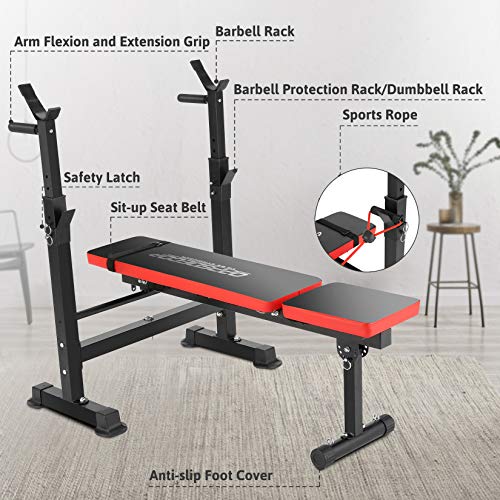Folding Adjustable Weight Bench with Barbell Rack, Multi-Function Strength Training Adjustable Benches for Fitness Exercise and Strength Workout (Deep Red)