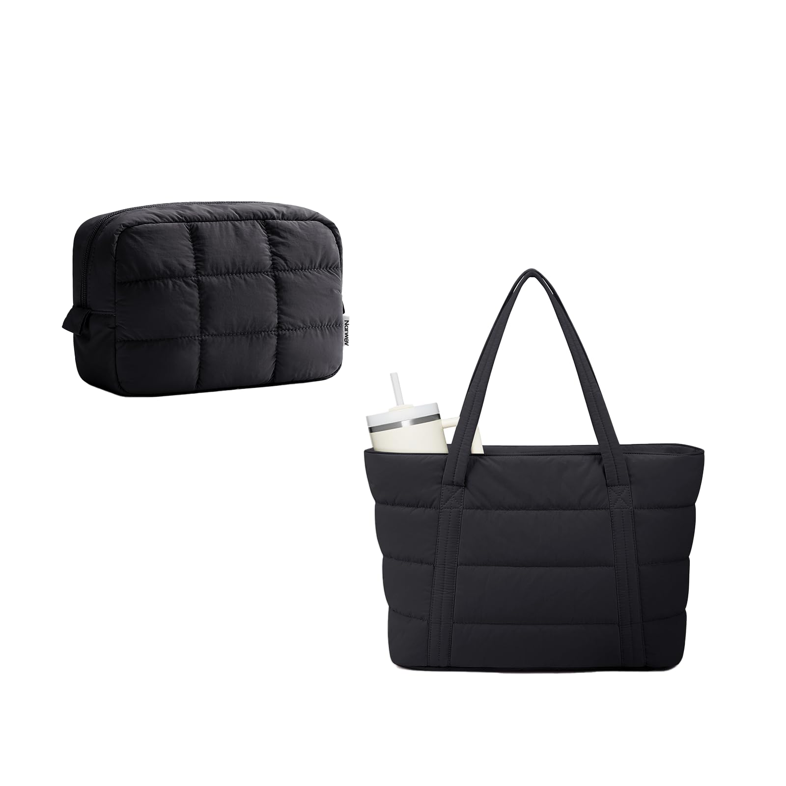 Narwey Travel Tote Bag for Women Carry On with Cup Holder with Puffer Travel Makeup Bag
