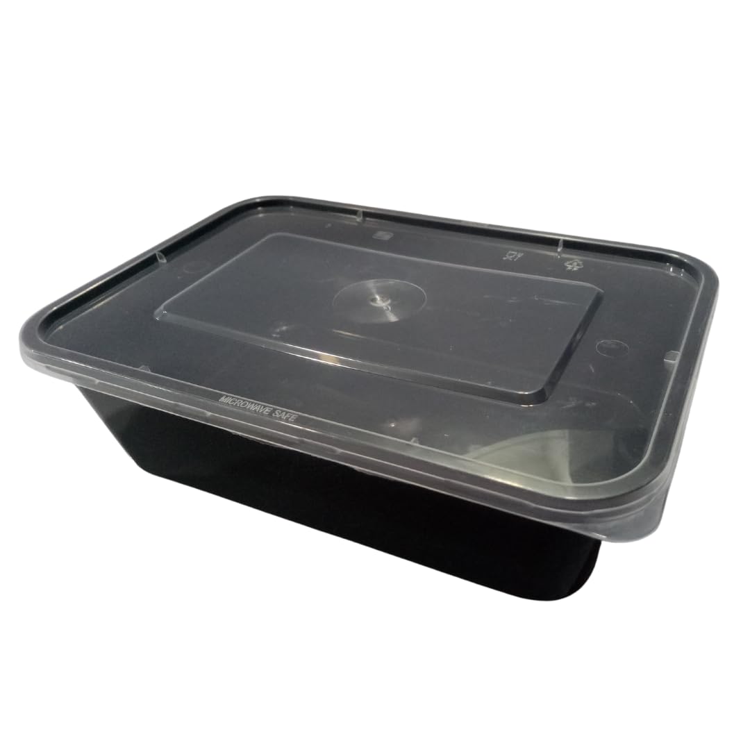 Hriday Foods 1000ml Rectangular Food Containers with Lids – Set of 25 | Airtight Plastic Meal Prep Boxes | Microwave Safe | BPA-Free | Stackable Food Storage for Takeaway & Delivery (Black)