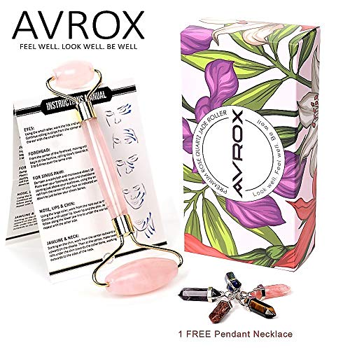 2 in 1 Rose Quartz Roller –Natural Quartz Stone Face Roller Tool For Puffiness, Slimming,Anti-Wrinkle Treatment –Anti-Aging Skin Care Facial Massager For Eyes, Neck, Body –Pendant Necklace Included