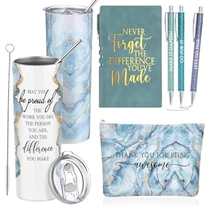 6 Pcs Employee Appreciation Gift Set Blue Gifts for Women Thank You Gifts for Women 20 oz Marble Sign Tumbler Gift Makeup Bag Journal Ballpoint Pen