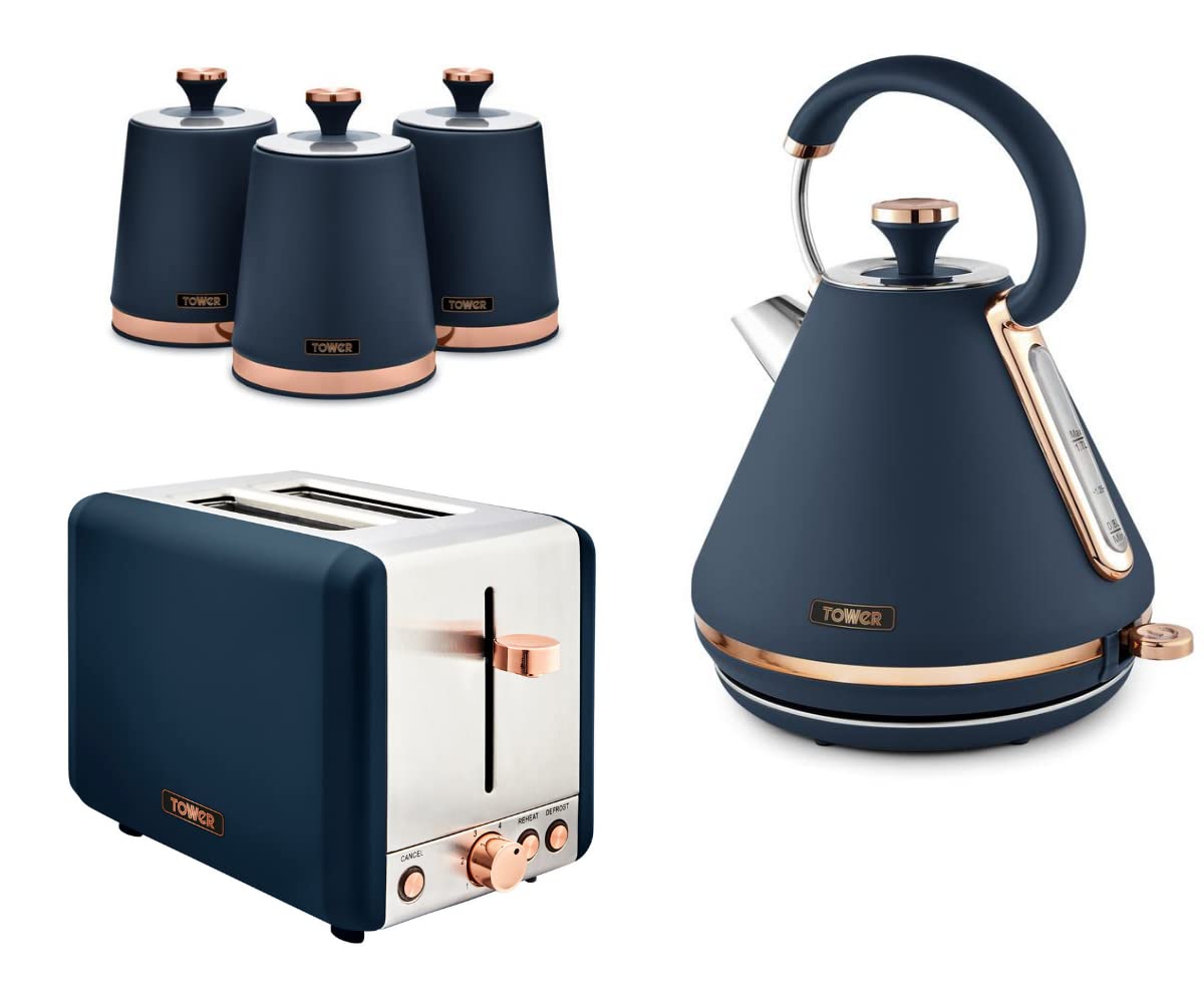 Tower Cavaletto 1.7L 3 KW Pyramid Kettle, 2 Slice 850W Toaster and Set of 3 Tea, Coffee & Sugar Canisters. Contemporary Matching Kitchen Set of 5 Items in Midnight Blue & Rose Gold