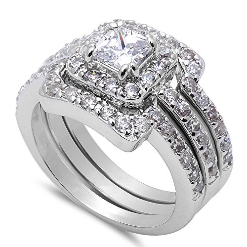 Oxford Diamond Co 3 Piece Cubic Zirconia Engagement Bridal Set .925 Sterling Silver Ring Size 12
