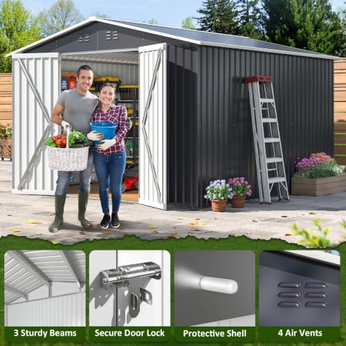 Image of DAUSOLA 10x10 FT Outdoor Storage Shed, Metal Garden Tool Sheds for Backyard | Sturdy Upgrade, Weatherproof, Ample Space, Secure Lockable Doors, Solid Base, Durable, Low-Maintenance, For Garden Patio Lawn