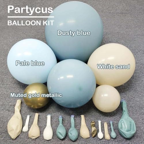 Image of Dusty Blue White Sand Balloon Garland Double Stuffed Pastel Light Blue Cream Beige Matte Balloon Arch Kit with Gold Latex for Neutral Baby Shower Bridal Wedding Birthday Mothers Day Summer Party