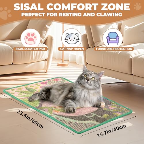 LESISSMER Sisal Cat Scratcher Mat, Cat Wall Scratcher for Indoor Cats, 23.6x15.7 Inch Cat Scratch Pad with Hook & Loop, Wall Mounted Cat Scratching Post to Protect Couch and Carpet（Goldfish） — view 2