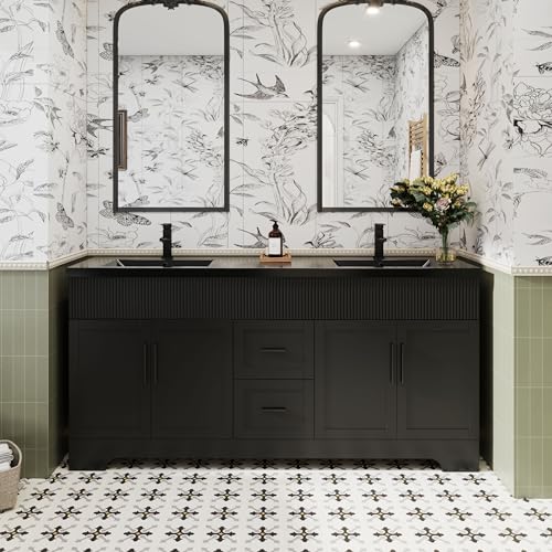 Image of eclife 72 inch Bathroom Vanities Sink Combo with Painted Surface, Modern Drawered Cabinet W /Decorative Wave Lines, Undermount Double Black Sink, Matte Black Faucet Drain, Black