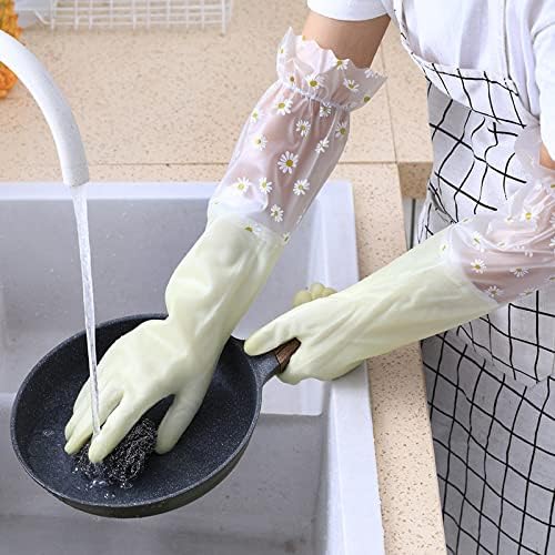 LanShan Household Gloves Reusable Cleaning Gloves, Washing Up Gloves with Long Cuff Dishwashing Gloves with Cotton Lining Cleaning Gloves for Kitchen, Bathroom- Binding||Blue