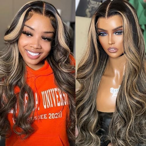 13x6 Highlight Ombre Balayage Lace Front Wigs Human Hair 1b/27 Black and Blonde Lace Frontal Body Wave Wig Pre Plucked with Baby Hair for Black Women HD Transparent 180% Density Wig 32 Inch