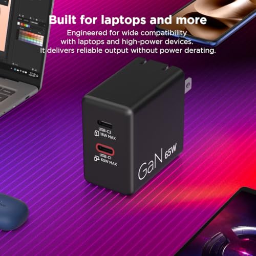 Image of Lenovo Dual USB-C 65W GaN Charger, 2 USB-C Ports, for Laptops /Tablets & Phones & More, Compact Size, Foldable Plug, Includes 1.5m USB C Cable, Model /Type: CC65, Black