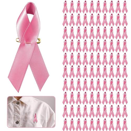 Lot de 100 Octobre Rose Broches Ruban Rose Pins avec Épingle Sensibilisation Cancer du Sein en Satin Pin's Decoration Vitrine Accessoire de Soutien et Sensibilisation...