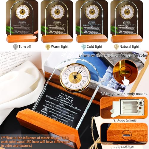 Image of Ornalrist Pastor Appreciation Gifts for Men Women Glass Clock for Best Pastor with Wooden LED Light Base Religious Thank You Keepsake for Pastors on Christmas Retirement Birthday Home Office Decor