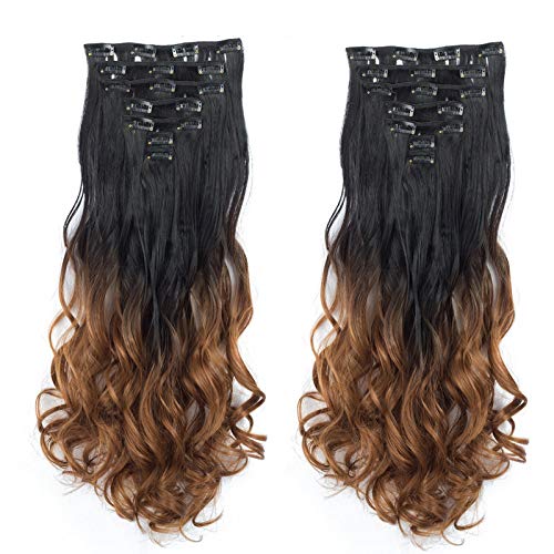 AUConer 22 inch Long Mixed Colour Black with Coffee Brown Hair Extensions with 7Pcs 16Clips instant transformation to add colour and volume (22inch-Curly, Black to Coffee Brown)