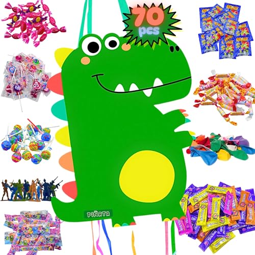 Piñata Anniversaire Enfant - Piñata + Pack 70 Jouets et Chuches de Remplissage Piñata - Piñata Anniversaire Enfant - Dinosaure - Chuches - MANLOZ (Dino 70)