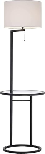 Miniatura 4 de 360 Lighting Lámpara de pie de pie de estilo moderno con mesa auxiliar de bandeja de vidrio, 62 pulgadas de alto, tela blanca de metal negro y