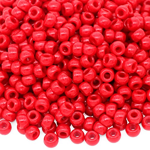 Auvoau 1000Pcs Pony Beads Bracelet 9mm Red Plastic Barrel Pony Beads for Necklace Hair Beads for Braids Key Chain Jewelry Making (Red)