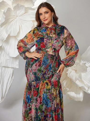 Image of Spring Summer 2024 Plus Size Womens Dresses V Neck Casual Elegant Long Sleeve Floral Print Maxi Dress