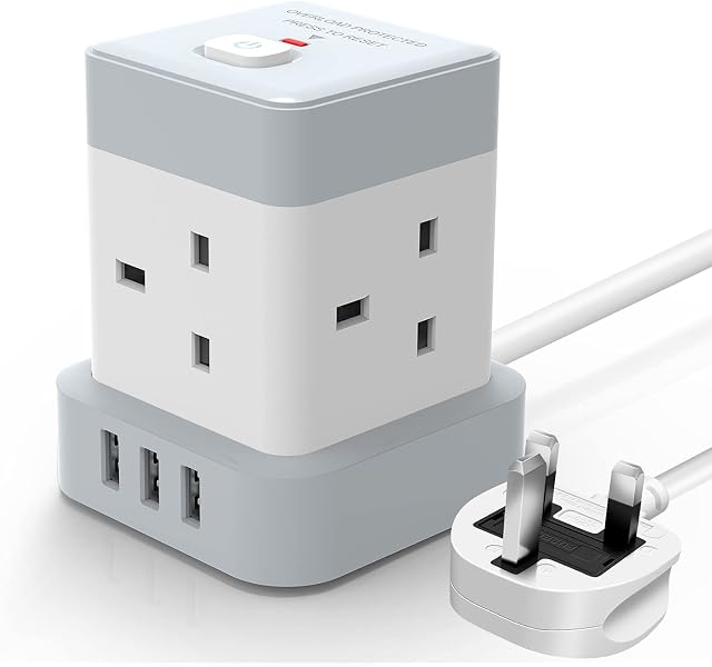 Cube Extension Lead 4M Baykul 4 Way Extension Plug Cable with 3 USB Ports (5V/2.4A) Power Strip Multi Plug Extension Cord for Home Office Travel Dorm Room