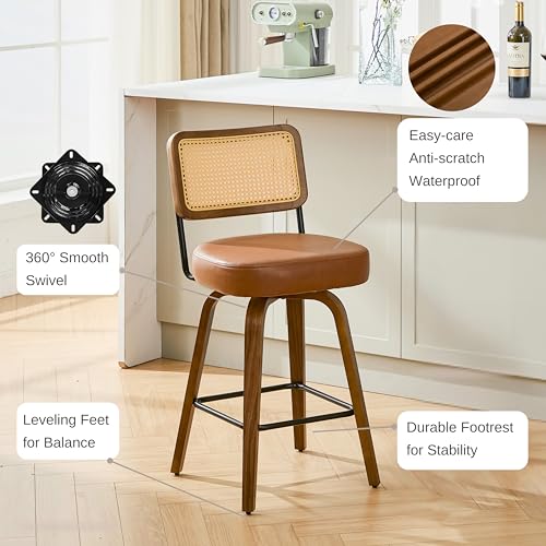Image of Swivel Bar Stools Set of 2, 26 inch Upholstered Counter Height Bar Stools with Back and Walnut Wood Legs, Faux Leather Barstools for Kitchen Counter, Rattan Brown