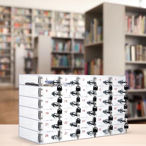 Image of Layhit Clear 30 Slots Cell Phone Locker Box for Classroom Clear Acrylic Cell Phone Storage Cabinet Bin with Door Locks for Classroom School Students Office Factory Employees