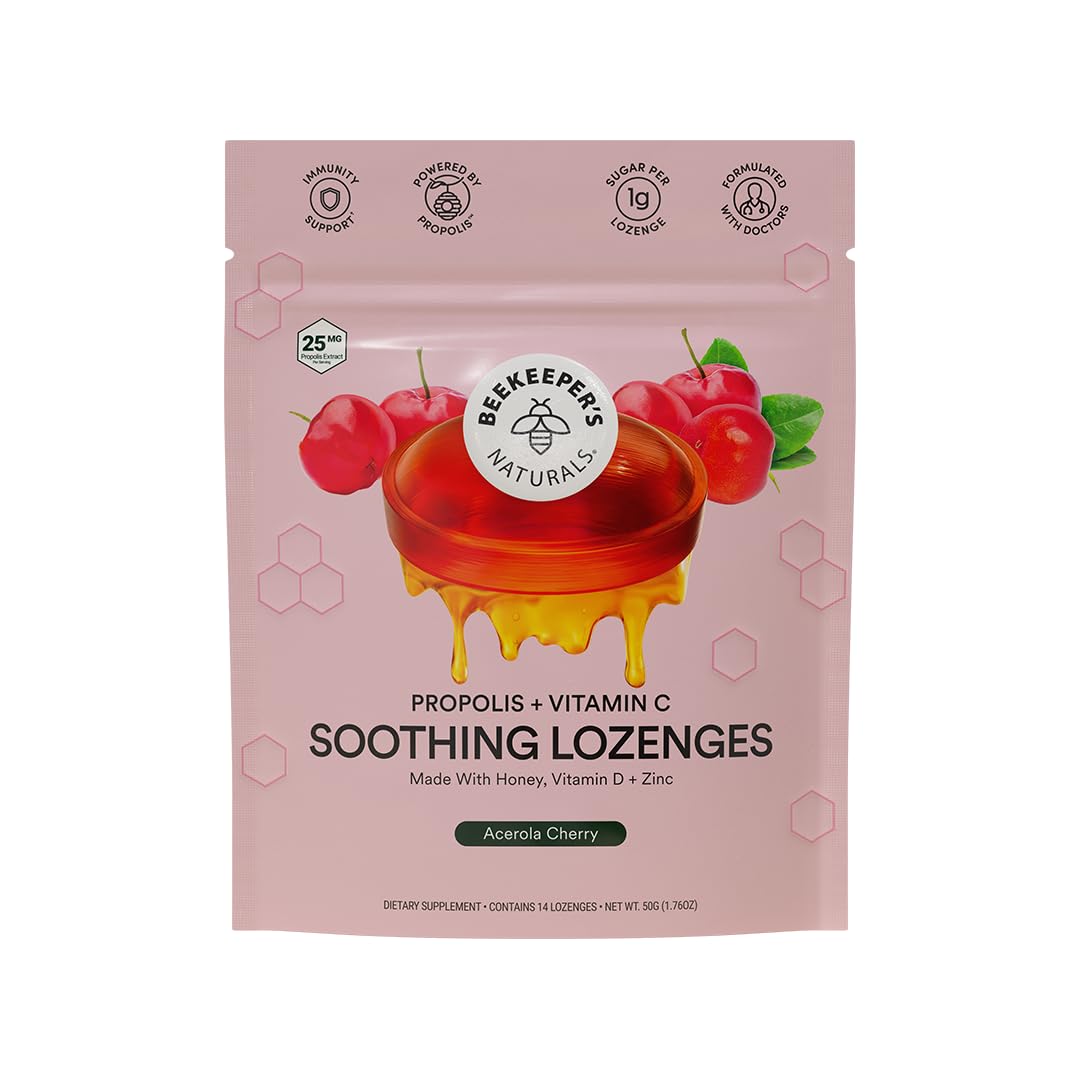 Beekeeper's Naturals Soothing Cherry Cough Drops - Immune Support with Vitamin C, D and Propolis Throat Soothing Lozenges, 14 Ct