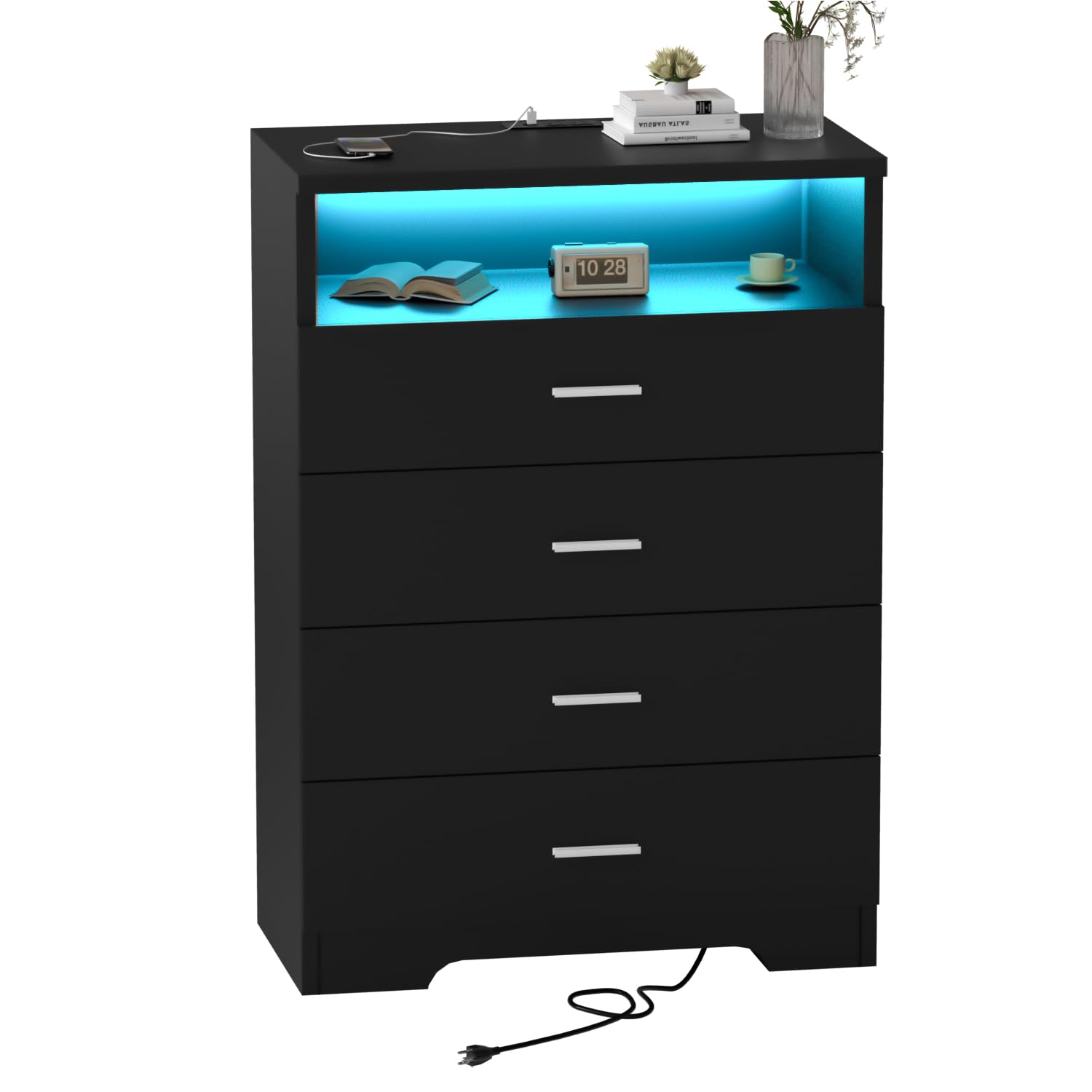 FJTJBSI Dresser with Power Outlets and LED Lights Wooden 4 Drawer Dresser with Large Organizer Tall Black Drawer for Bedroom Modern Chest of Drawers