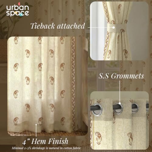 Image of Urban Space 100% Cotton Floral Curtains 7 feet Long Set of 2, 60-65% Room Darkening, Decorative Curtains with Eyelets /Rings for Hanging, Tieback Included (Jaipur Paisley Rust, Door - 7 Feet)