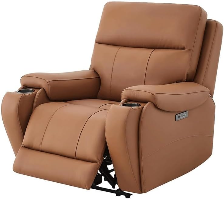 Genuine Leather Oversized Recliner Sofa with Dual Motor Power Lift, Heat and Massage, Remote Control, Cup Holders, Side Pocket, and USB Charging Ports for Living Room
