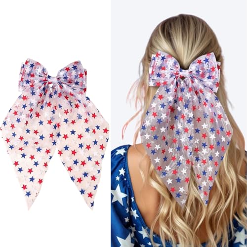 Patriotic 4th of July Hair Bow for Girls, Red White Blue Star Tulle Bow Hair Clip, Independence Day Hair Accessories for Kids Women, Large Sheer Bow Barrette for Holiday Party Parade