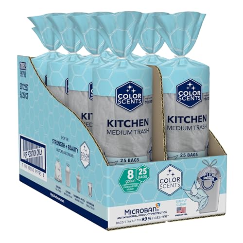 Color Scents Medium Trash Bags - 8 Gallon 200 Total Bags (8 Packs of 25 Count) Drawstring - Silver Bag in Simply Clean Scent with Microban