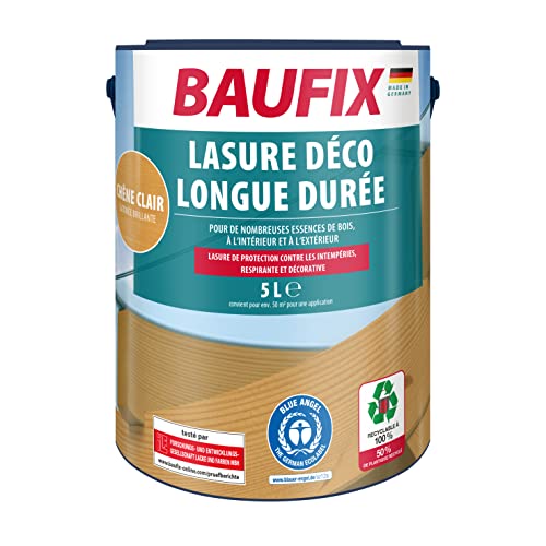 BAUFIX Lasure déco longue durée chêne clair, satinée brillante, 5 litres, Lasure pour bois, Lasure de protection du bois, pour intérieur et extérieur, pour nombreux bois de résineux / feuillus
