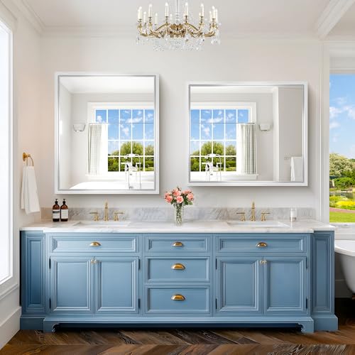 Image of Bathroom Mirror, 42 x 36 Inch Brushed Silver Rectangle Mirror, 0.6 inch Thickened Deep Metal Frame Rectangular Vanity Mirror, Wall Mounted Mirror for Bedroom Living Room, Horizontal or Vertical