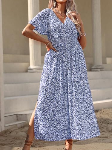 Image of Floerns Women's Plus Size Boho Hawaiian Tropical Dresses V Neck Short Sleeve Floral A Line Long Dress Vacation Beach Outfits