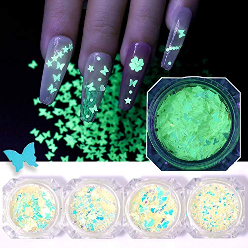3D Luminous Butterfly Nail Art Stickers,Butterflies Nail Art Glitter Sequins Nail Art Supplies Acrylic Heart Star Butterfly Luminous Designs Holographic Sparkle Glitter for Nail Art Decoration 4 Boxes
